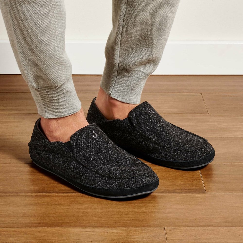 Black OluKai Moloā Hulu Men's Slippers | 16257-KUFZ