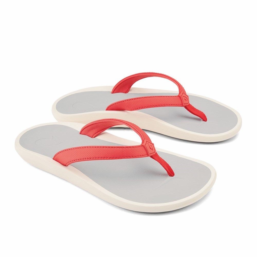 Coral / White Grey OluKai Pī‘oe Women's Sandals | 63870-OXCI