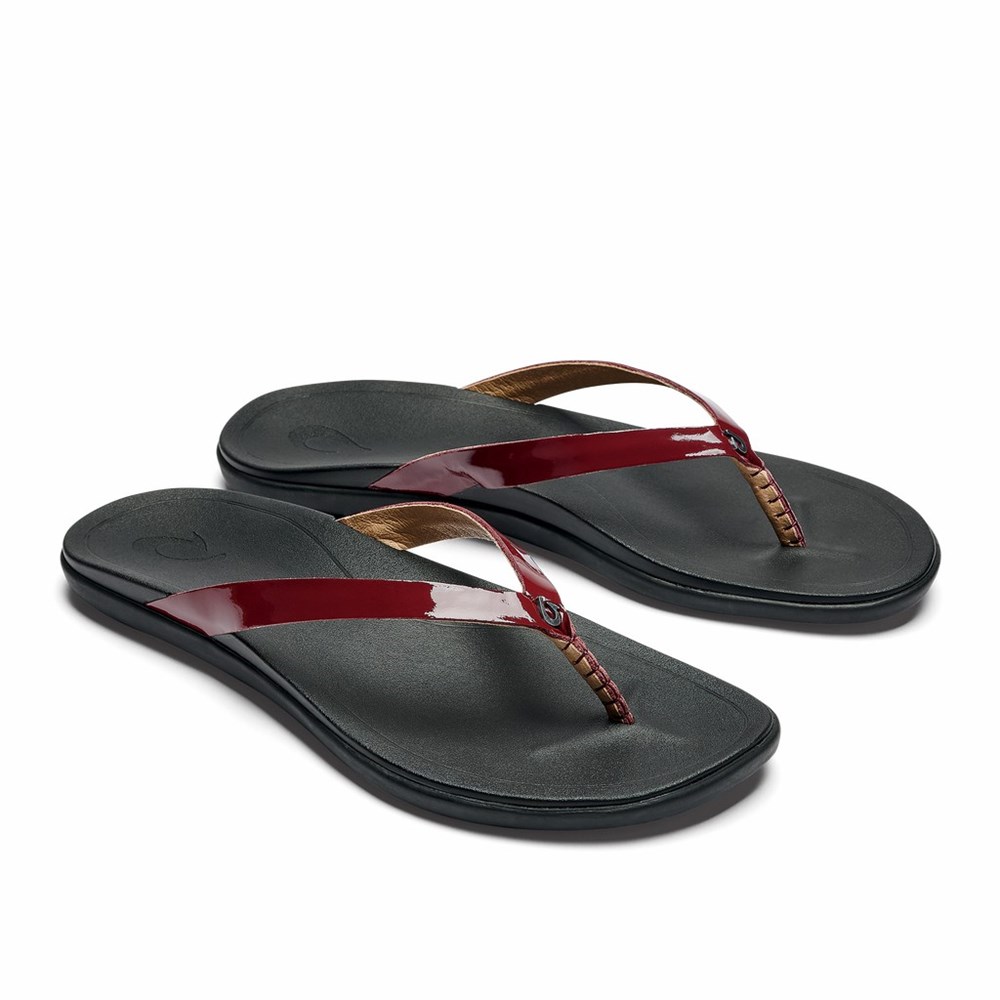 Red / Black OluKai Ho‘ōpio Leather Women's Sandals | 72456-LGXP