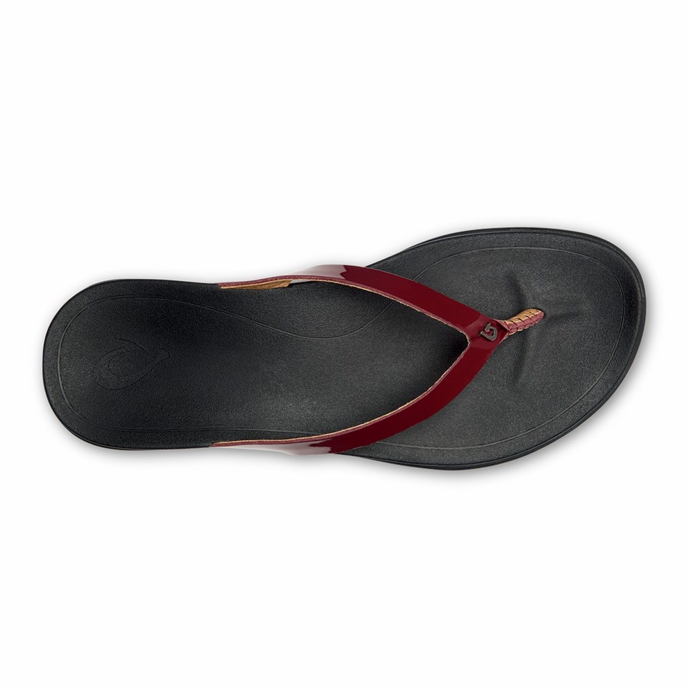 Red / Black OluKai Ho‘ōpio Leather Women's Sandals | 72456-LGXP