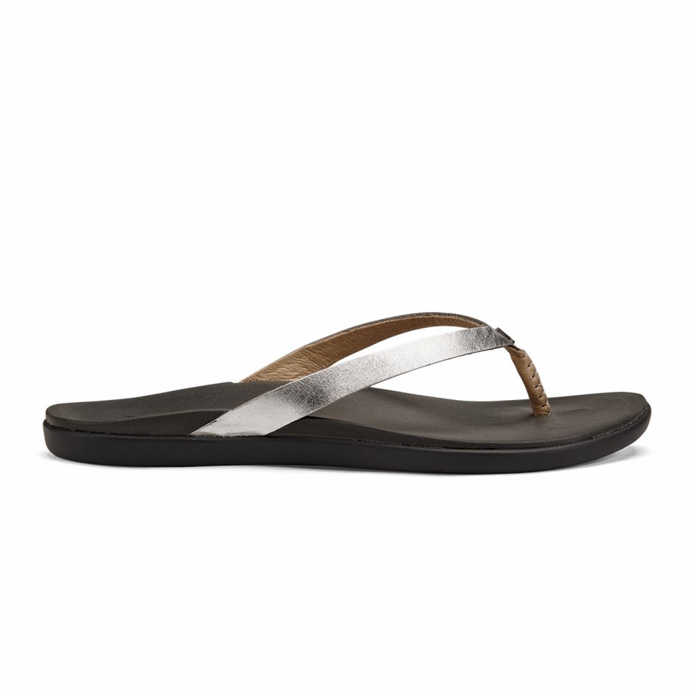 Silver OluKai Ho‘ōpio Leather Women\'s Sandals | 96518-KWLC