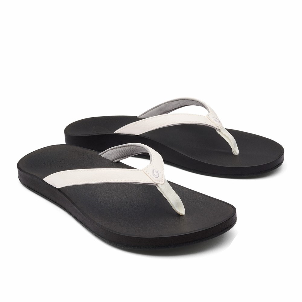 White / Black OluKai Puawe Women's Sandals | 43150-HWUA