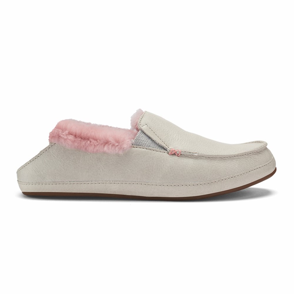 White Grey OluKai Ku‘una Women's Slippers | 30754-YAPN